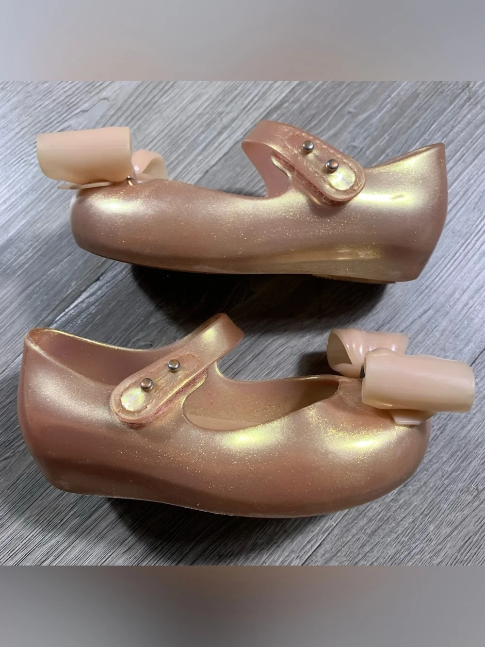 Mini Melissa Ultra Girl Pink Gold Glitter Peep Toe Mary Jane’s size 8